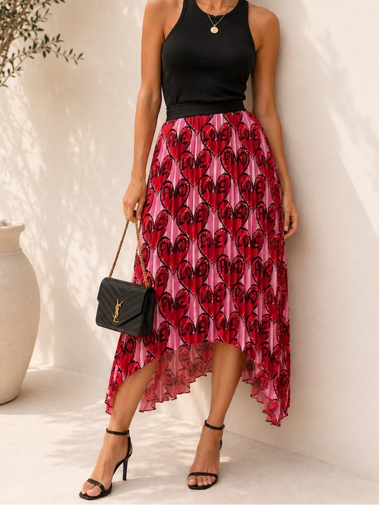 Pinko Dresses & Skirts - NWOT PINKO Love High-Low Plisse Pink Skirt with Red Heart Print, IT44/US8